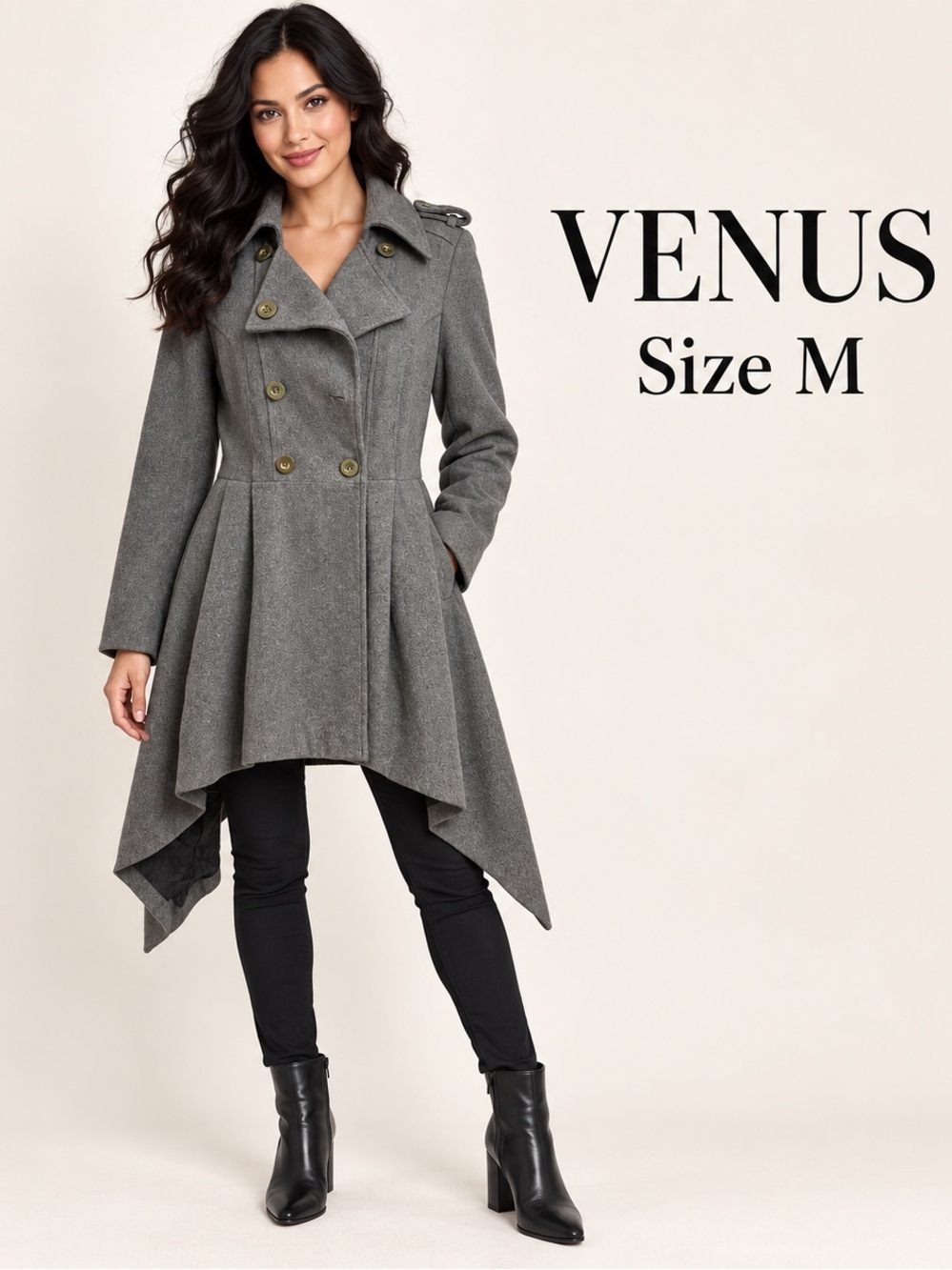 VENUS Gray Wool Blend Asymmetric Military Peacoat Jacket Size M fashion chic